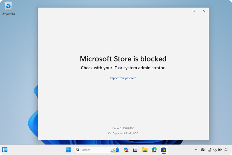Снимок экрана: заблокированный доступ к приложению Microsoft Store.