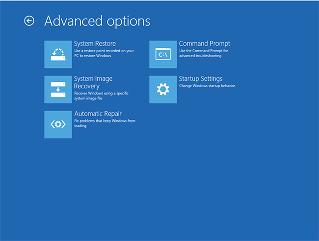 Клиент Windows 10 загружен в Windows RE с дополнительными параметрами.