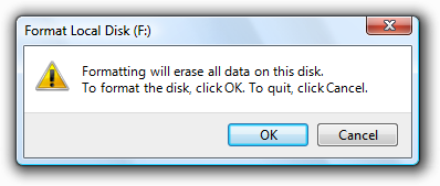 screen shot of formatting warning using ok button