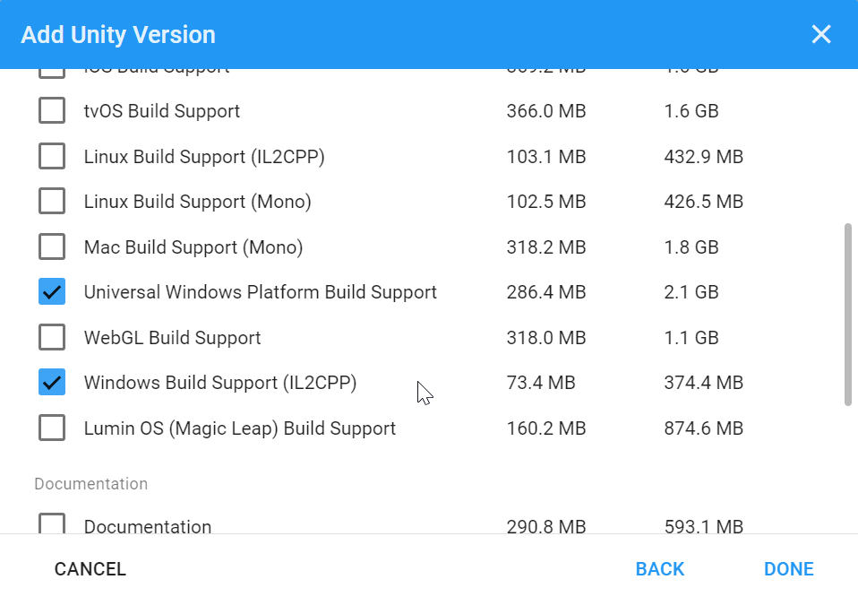 Параметр Unity Universal Windows Platform Build Support (Поддержка сборки для универсальной платформы Windows)