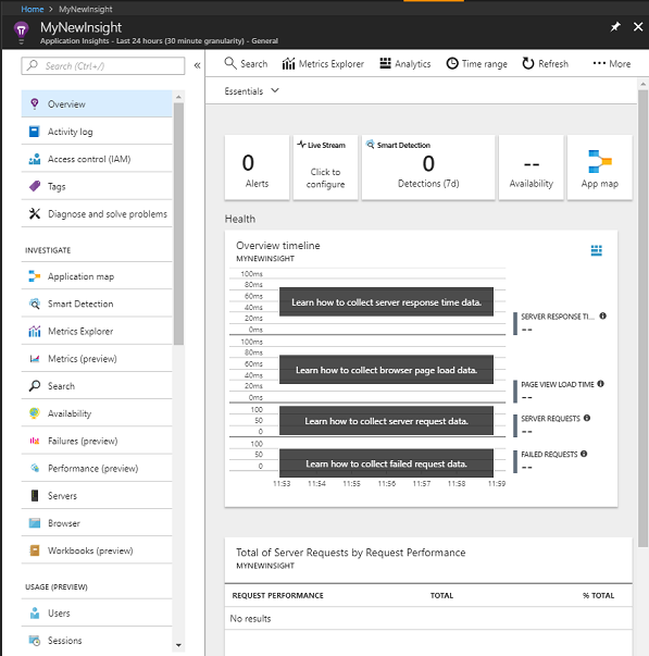 Снимок экрана: экземпляр службы Application Insights, где имя экземпляра — MyNewInsight.