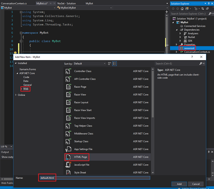 Screenshot that shows the creation of a new H T M L page from within the Solution Explorer window.