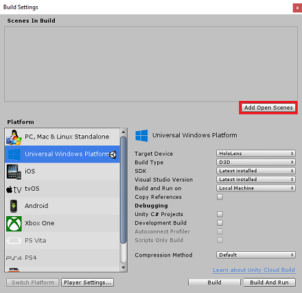 Screenshot that shows the Build Settings window with the 'Add Open Scenes' button highlighted.