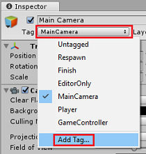Screenshot of the Main Camera Tag drop down menu in the Inspector panel with 'Add Tag' highlighted.
