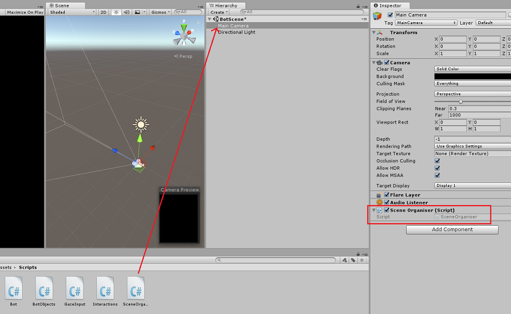 Screenshot that shows the Scene Organiser script being added to the Main Camera object in the Unity Editor.
