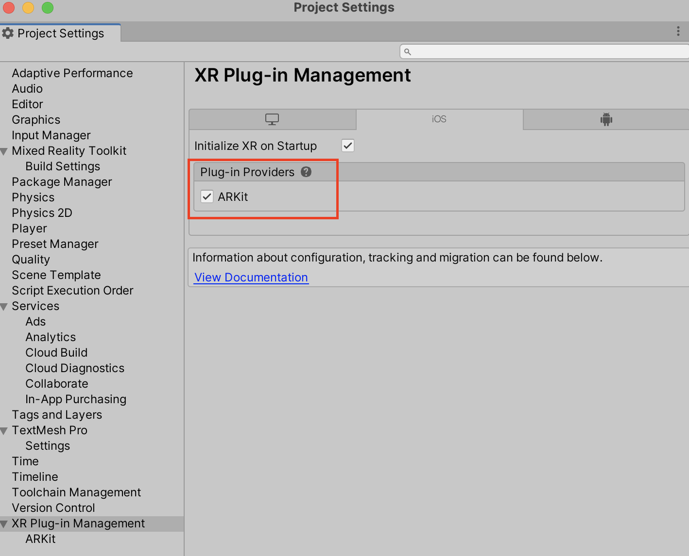 XR Plug-in Management iOS