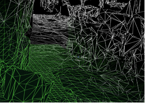 Spatial mapping mesh in white and understanding playspace mesh in green