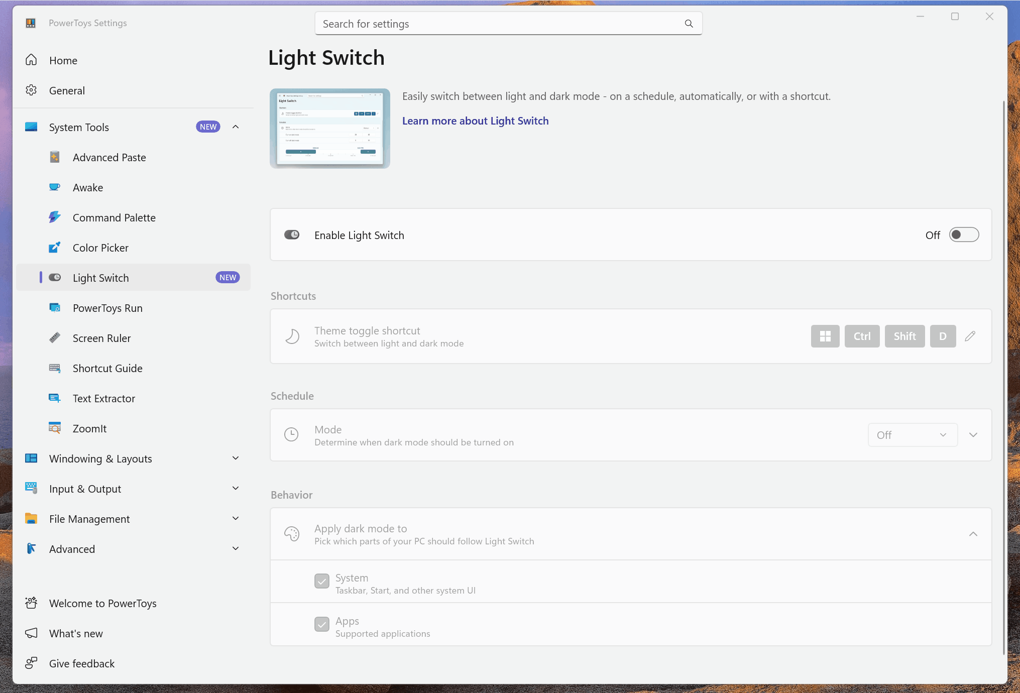 Анимированный GIF Light Switch настроек.