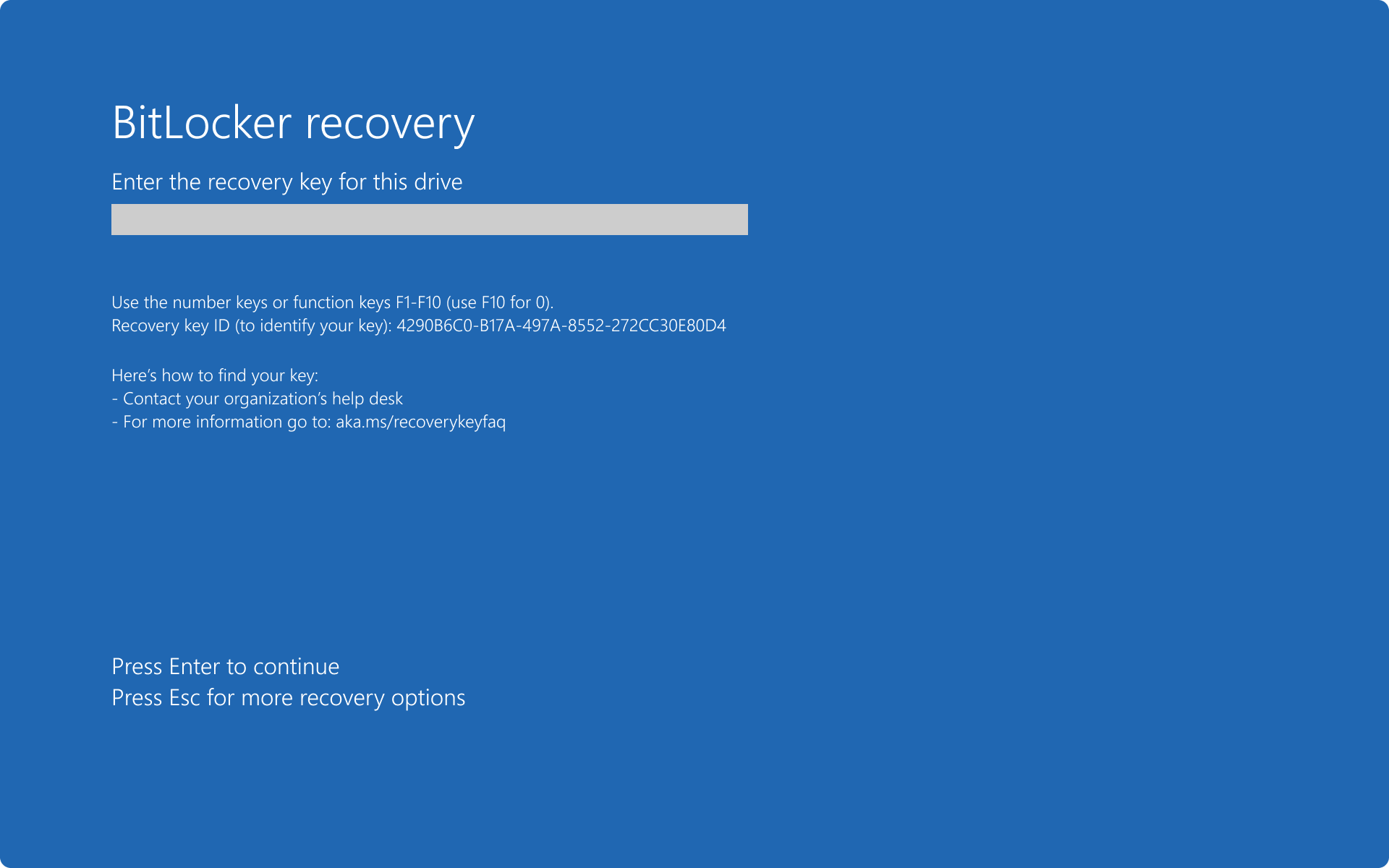 Снимок экрана: экран восстановления BitLocker по умолчанию с запросом ввода пароля восстановления.