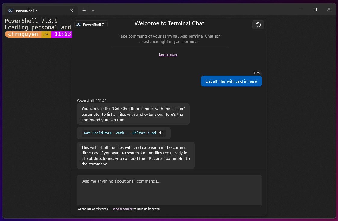 Чат терминала в PowerShell