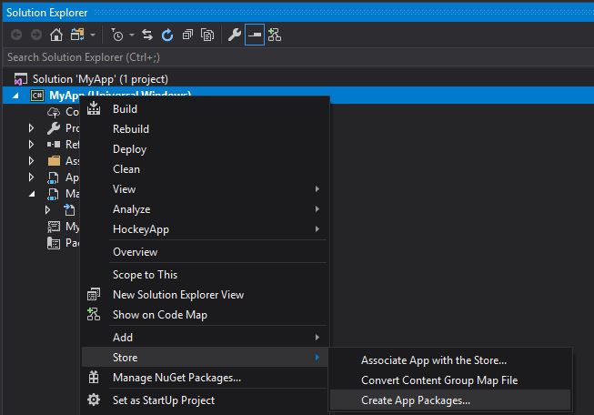 Context menu with navigation to Create App Packages