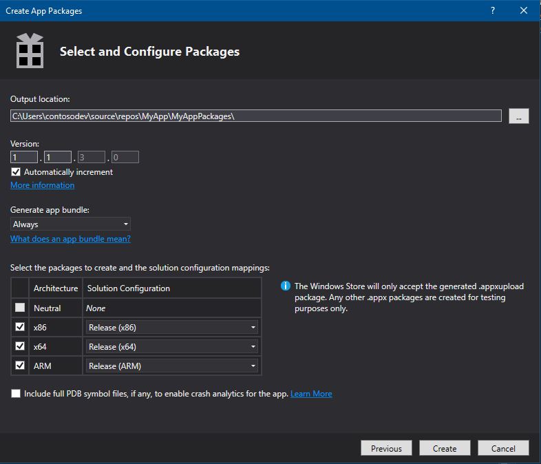 Create App Packages window with package configuration shown