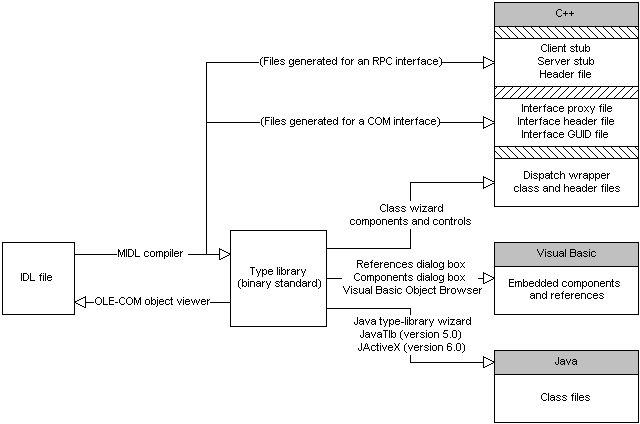 Diagram that shows how development toold interact with a C O M object's type library.