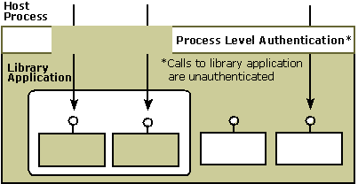 Diagram that shows calls to a library application that are unauthenticated within the host process.