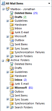 Снимок экрана: элементы Outlook с разными значками 