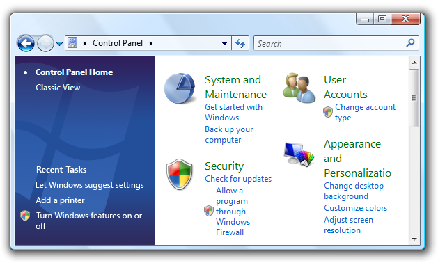 снимок экрана: панель управления с логотипом Windows 