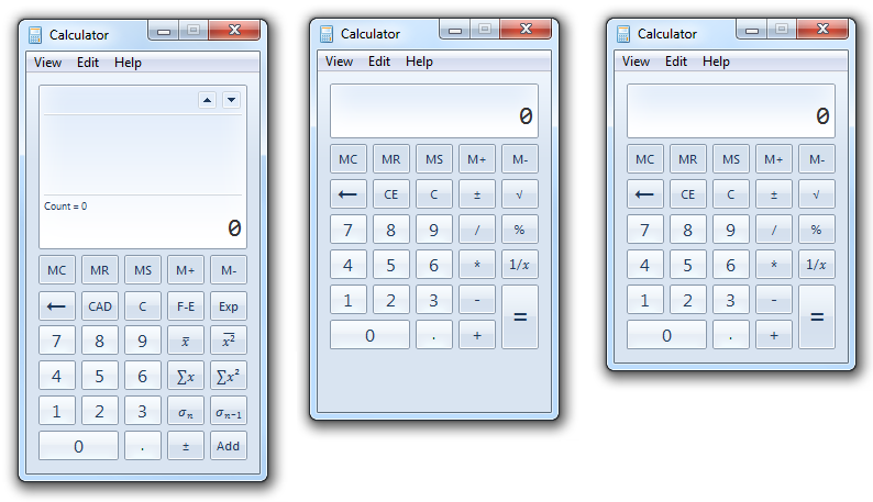 Снимок экрана с тремя размерами калькулятора 