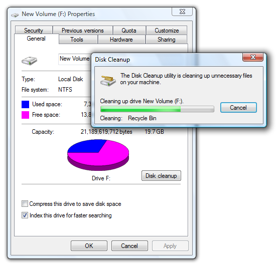 Снимок экрана: окно владельца и очистка диска 