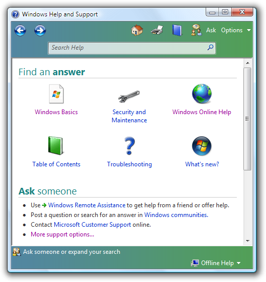 Снимок экрана: страница справки и поддержки Windows 