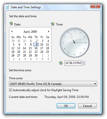 Снимок экрана: диалоговое окно параметров даты и времени 