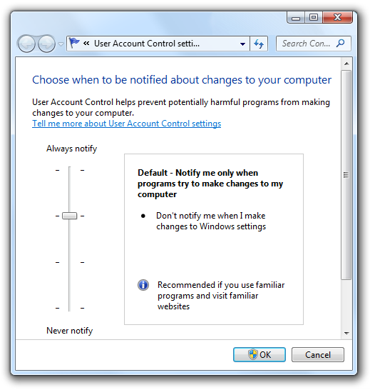 Снимок экрана: четыре параметра UAC в Windows 7 