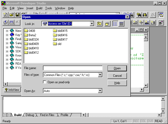 Снимок экрана: открытое окно над большим окном Microsoft Developer Studio