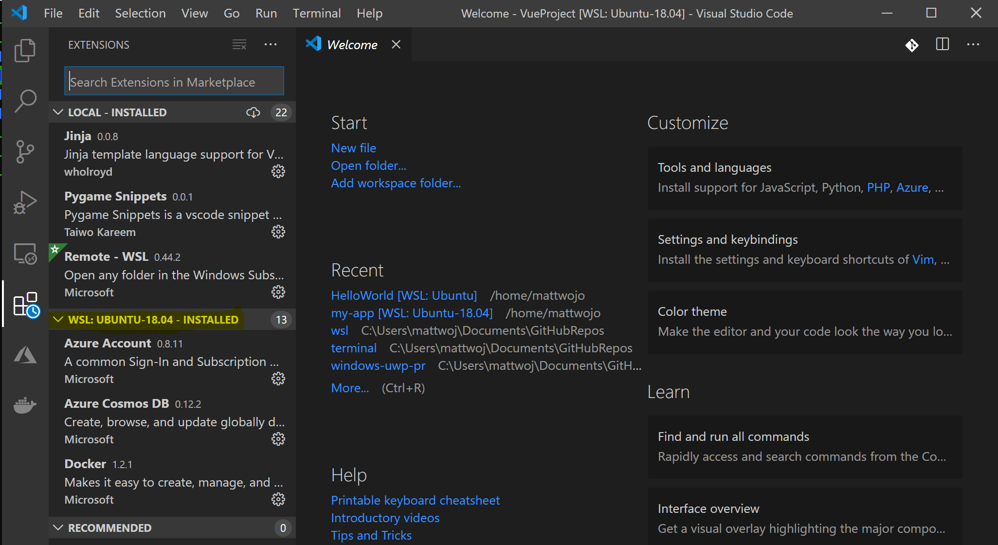 VS Code с расширениями WSL и локальными расширениями