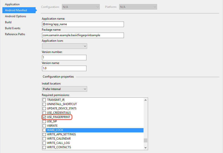 Enabling USE_FINGERPRINT in the Android Manifest screen
