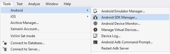 Запуск диспетчера пакетов SDK Для Android в Visual Studio