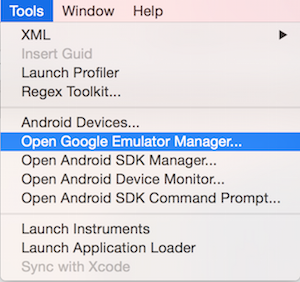 Запуск диспетчера эмуляторов Android из Visual Studio для Mac