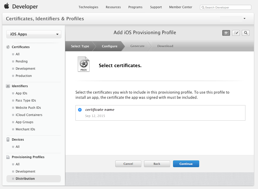 Select distribution certificate required to sign the application
