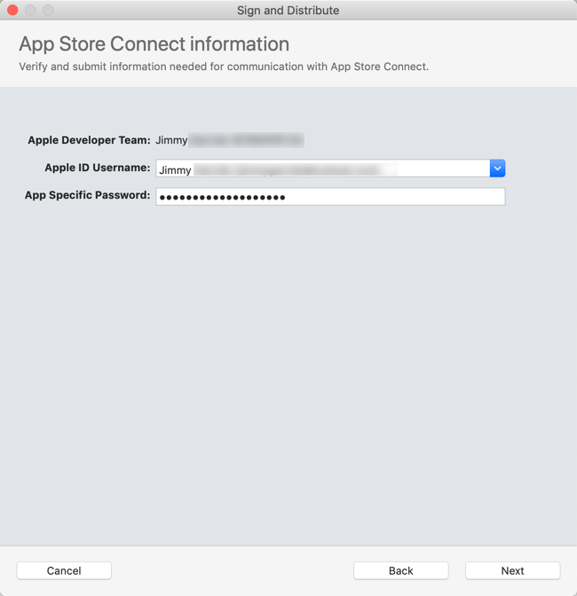 Screenshot of the App Store Connect information wizard page showing an Apple ID user name selected.