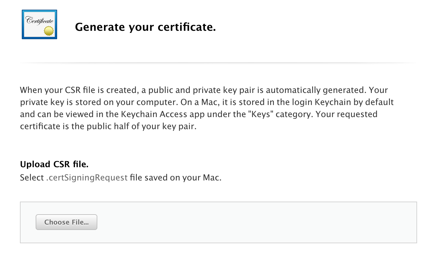 Generate certificate. Файл CRS. Apple CSR. Keychain loading Certificate Android.