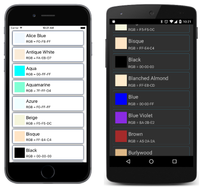 Снимок экрана с изображением списков настраиваемых именованных цветов на двух устройствах