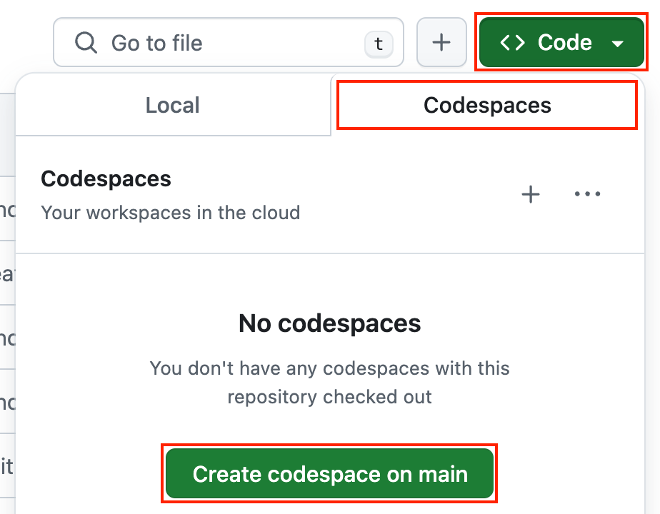 Screenshot showing how to create a new codespace