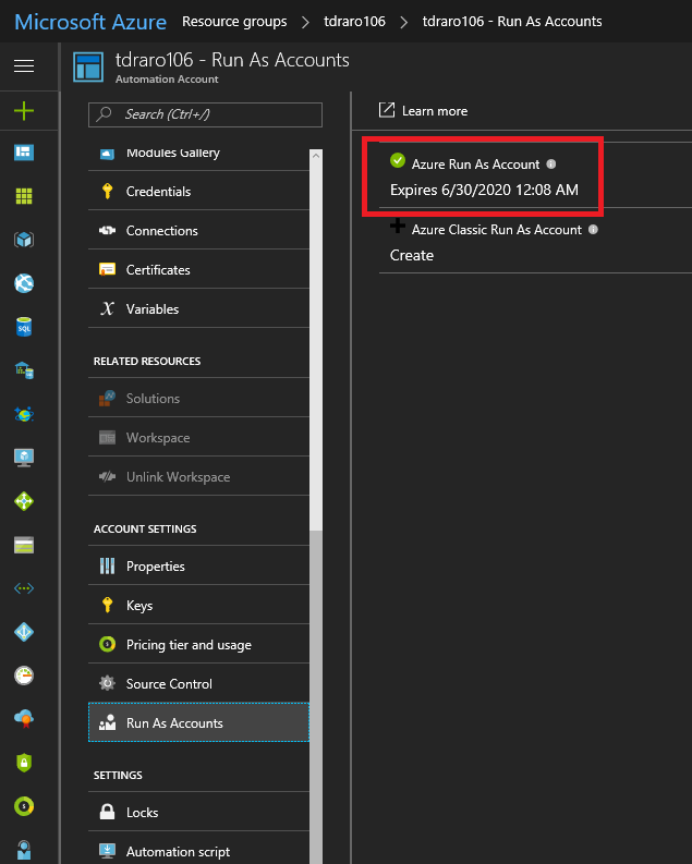 Azure Run As account alt text
