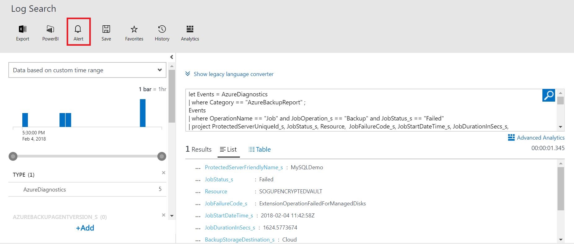LA Monitoring solution for Azure backup Log search alt text