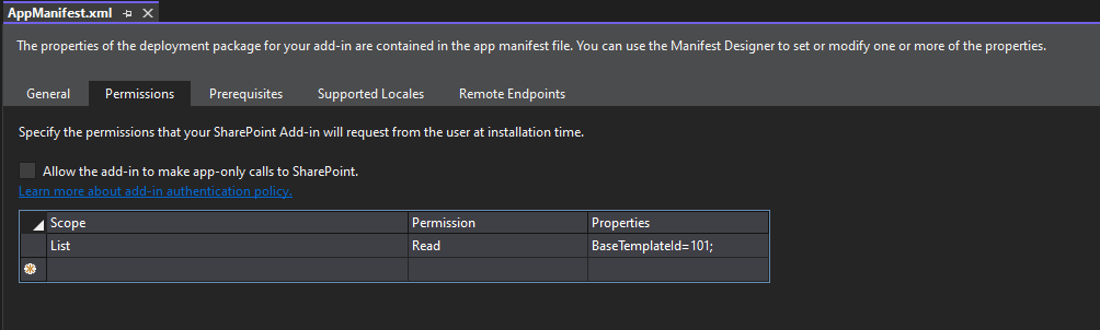 The permissions requests configured for the SharePoint Add-in model solution. There is a permission for scope "List", with permission "Read", and with properties "BaseTemplate=101;".