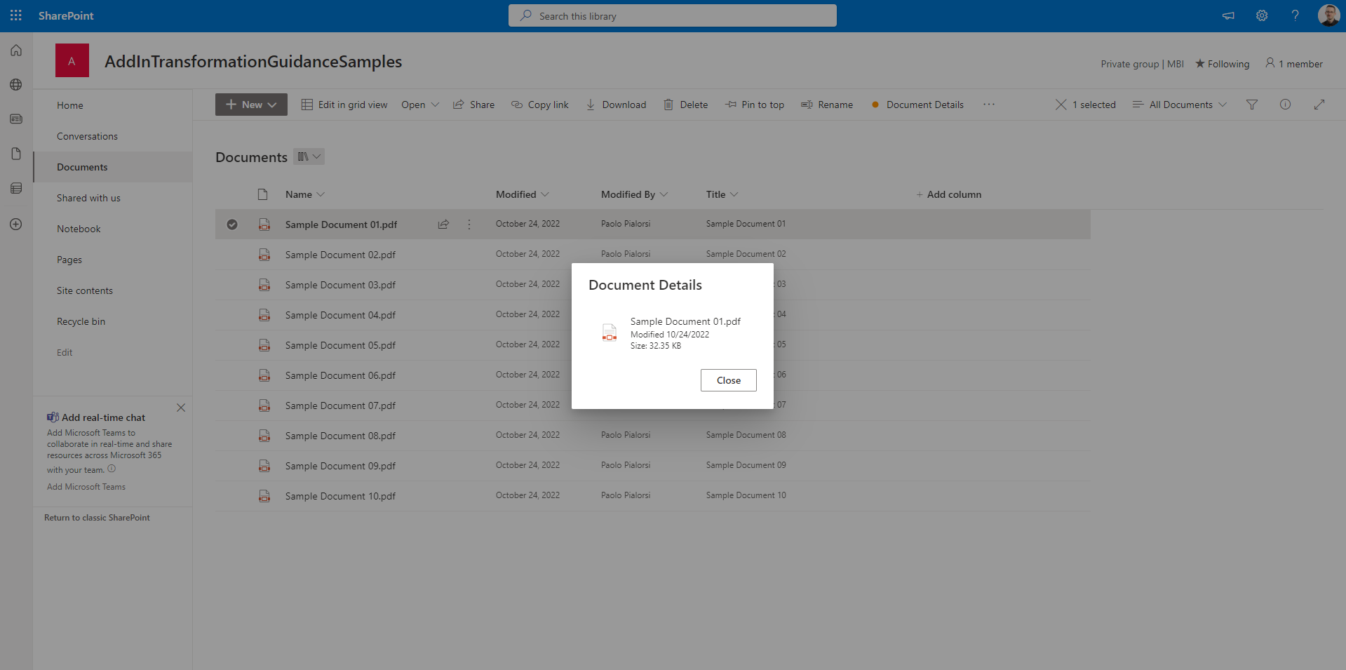 The output of the SharePoint Framework ListView Command Set.