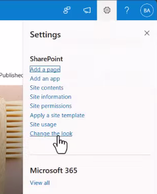 Screenshot of the SharePoint settings menu
