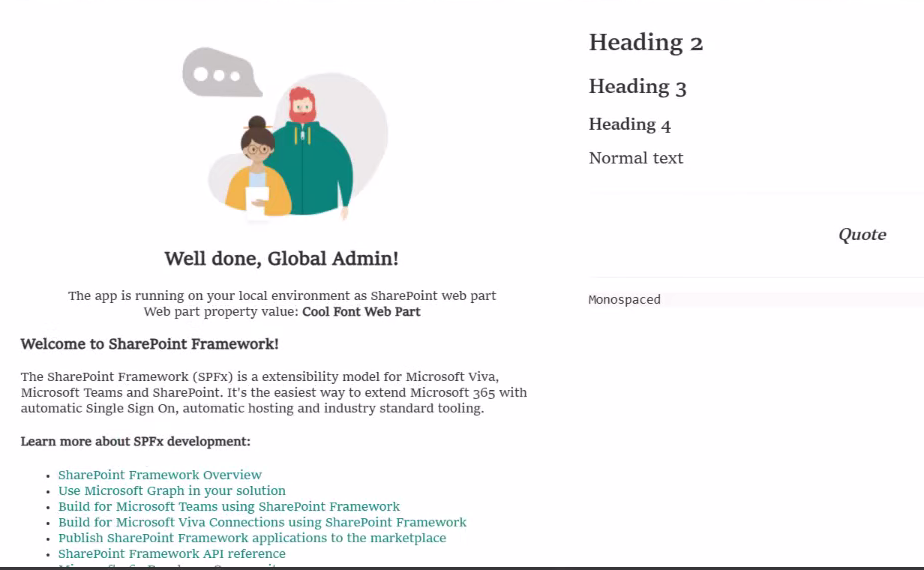 Screenshot of a custom font selected from Brand central used in the web part