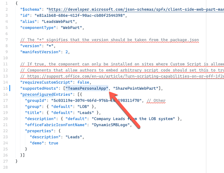 TeamsPersonalApp host added to the supportedHosts property in a web part manifest