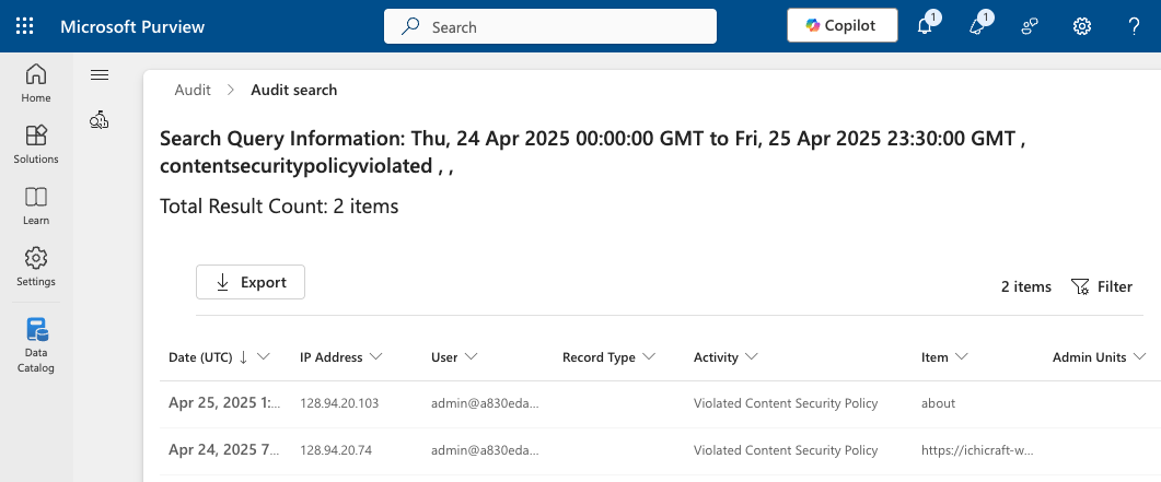Microsoft Purview Audit Results for CSP Violations