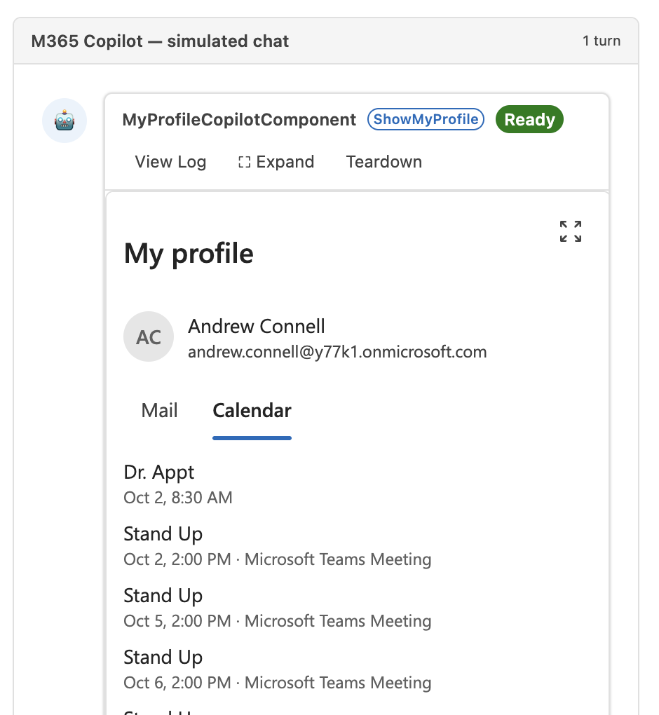 The MyProfile component showing the user's profile and upcoming events in Microsoft 365 Copilot