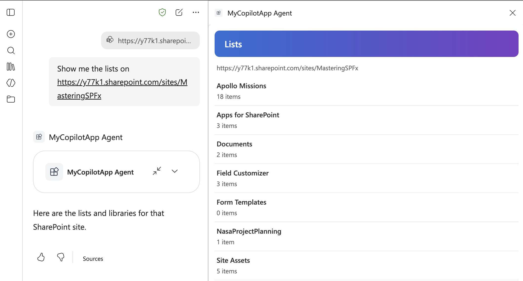 The Copilot UX component showing the lists on a SharePoint site in Microsoft 365 Copilot