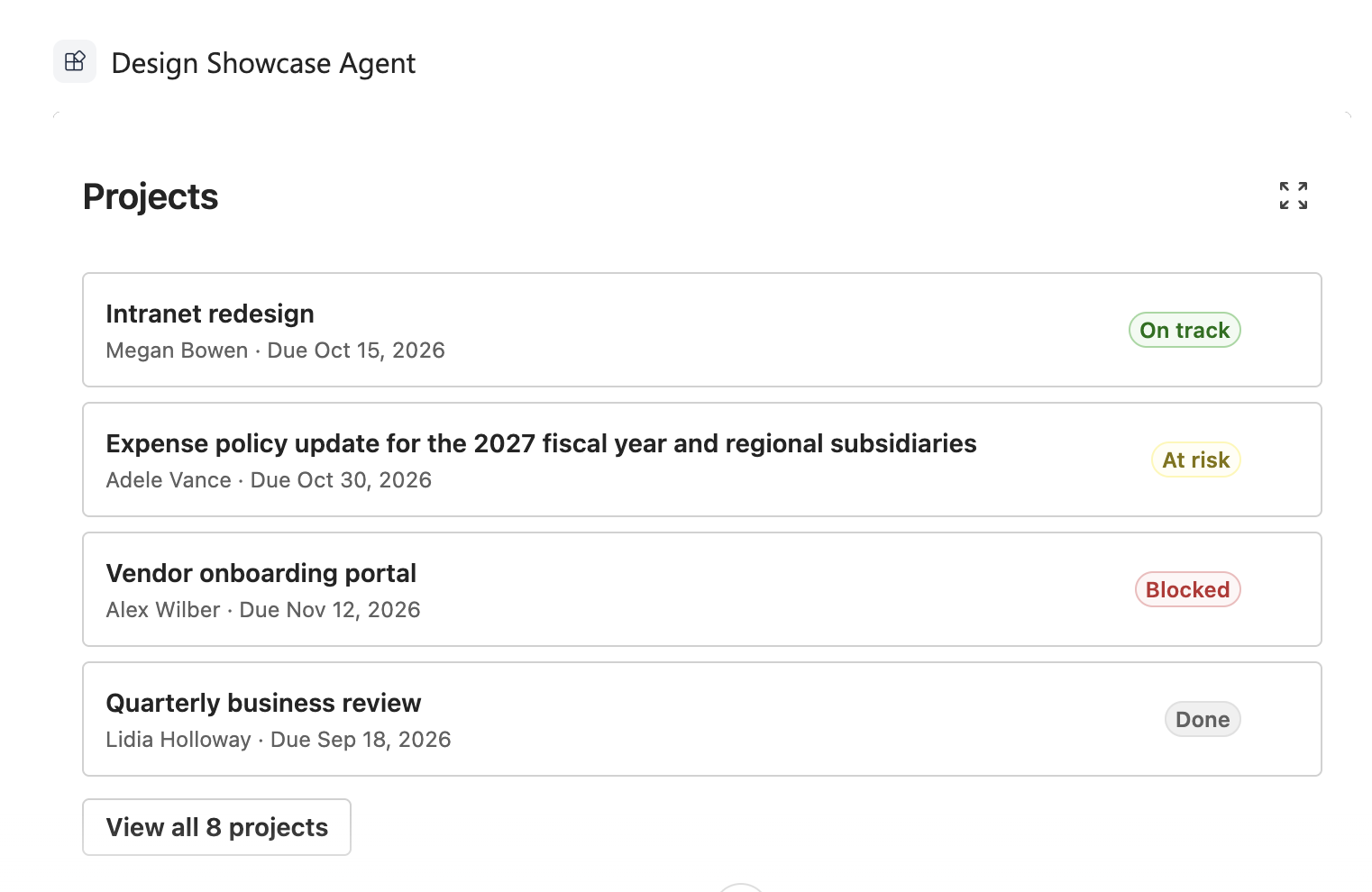 The inline view in Microsoft 365 Copilot in the light theme, with four project cards, status badges, an expand button, and a View all 8 projects button
