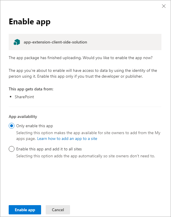 App catalog Trust Dialog with path to CDN endpoint