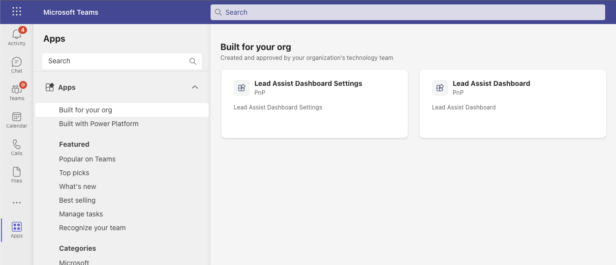 Microsoft Teams Lead Assistant Dashboard - Teams Add app options