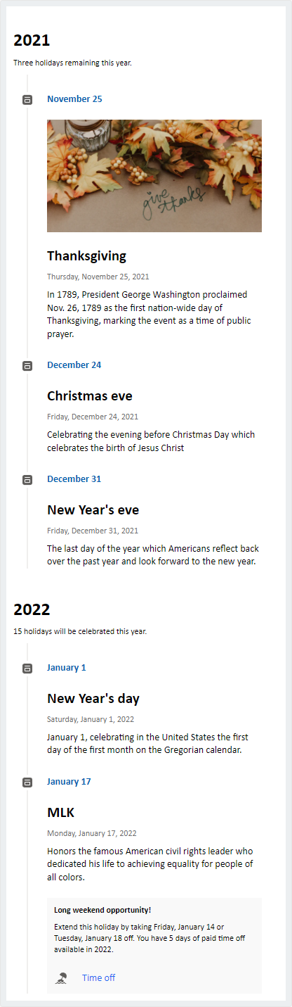 Screenshot of a sample timeline event card, showing the Thanksgiving and Christmas Eve events in 2021.