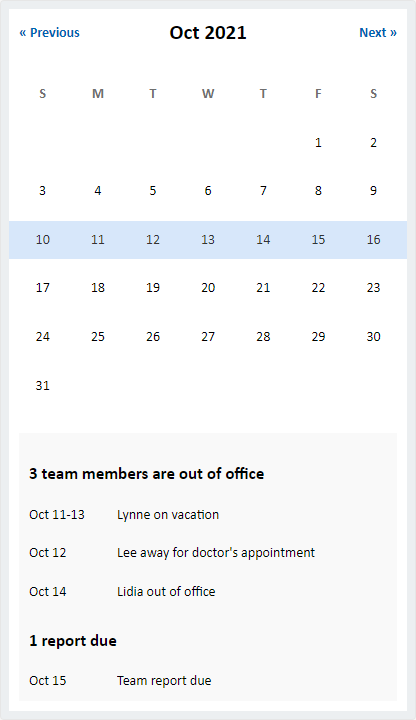 Screenshot of the sample team calendar, showing upcoming team events for October 2021.